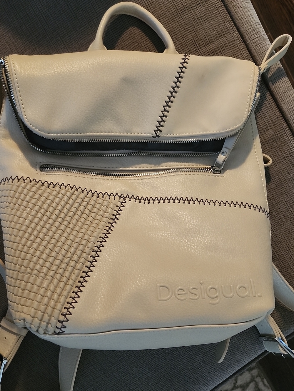 Desigual Cream Textured Backpack with Contrast Stitching